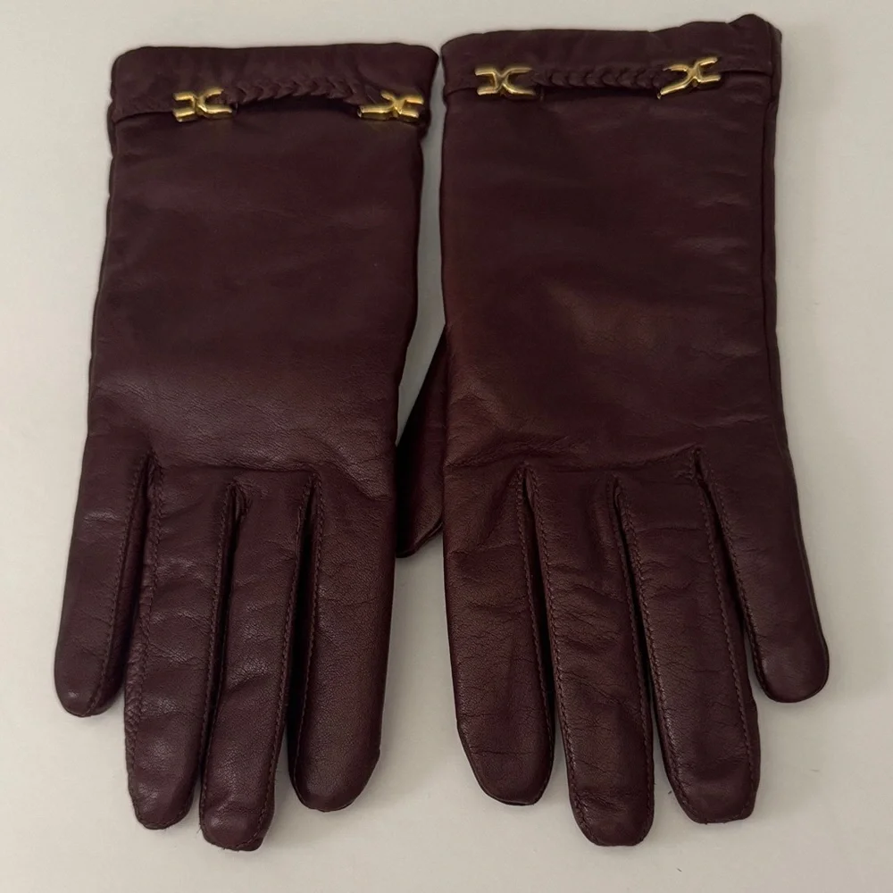 Vintage Van Raalte Ladies M Oxblood Leather Gloves with Gold Tone Details